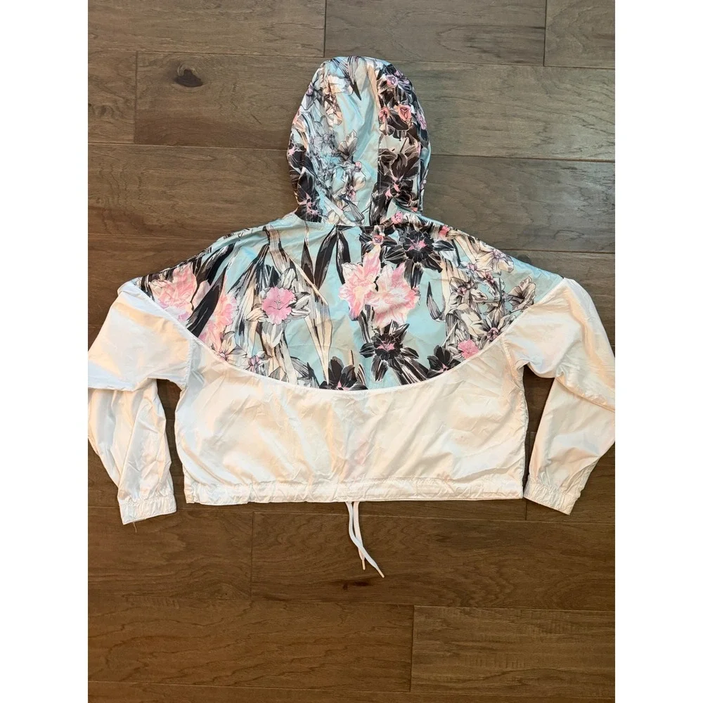 Nike Windbreaker Jacket Womens Large White Floral Cropped Windrunner Full Zip